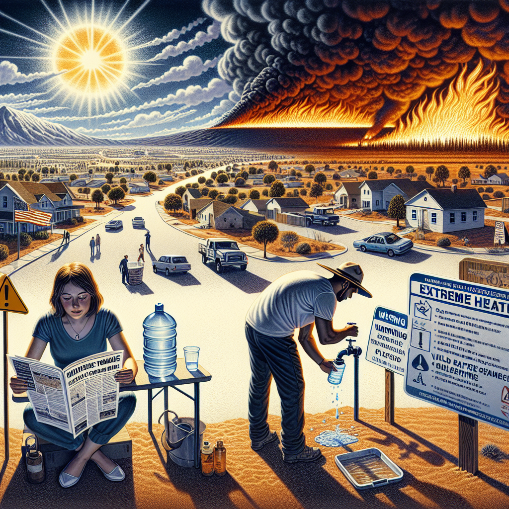 An illustration of a dramatic scene portraying a US township during an extreme heatwave. The sun is glaringly bright and the land appears parched and barren. In the background, there is a wildfire spreading across a distant forest. Foreground shows a Caucasian woman checking a detailed emergency plan on her clipboard and a Middle-Eastern man filling a water bottle from a tap, demonstrating vital safety tips. A warning signage detailing extreme heatwave and wildfire precautions is prominently displayed. An embodiment of climate change and the adaptability of the human spirit.