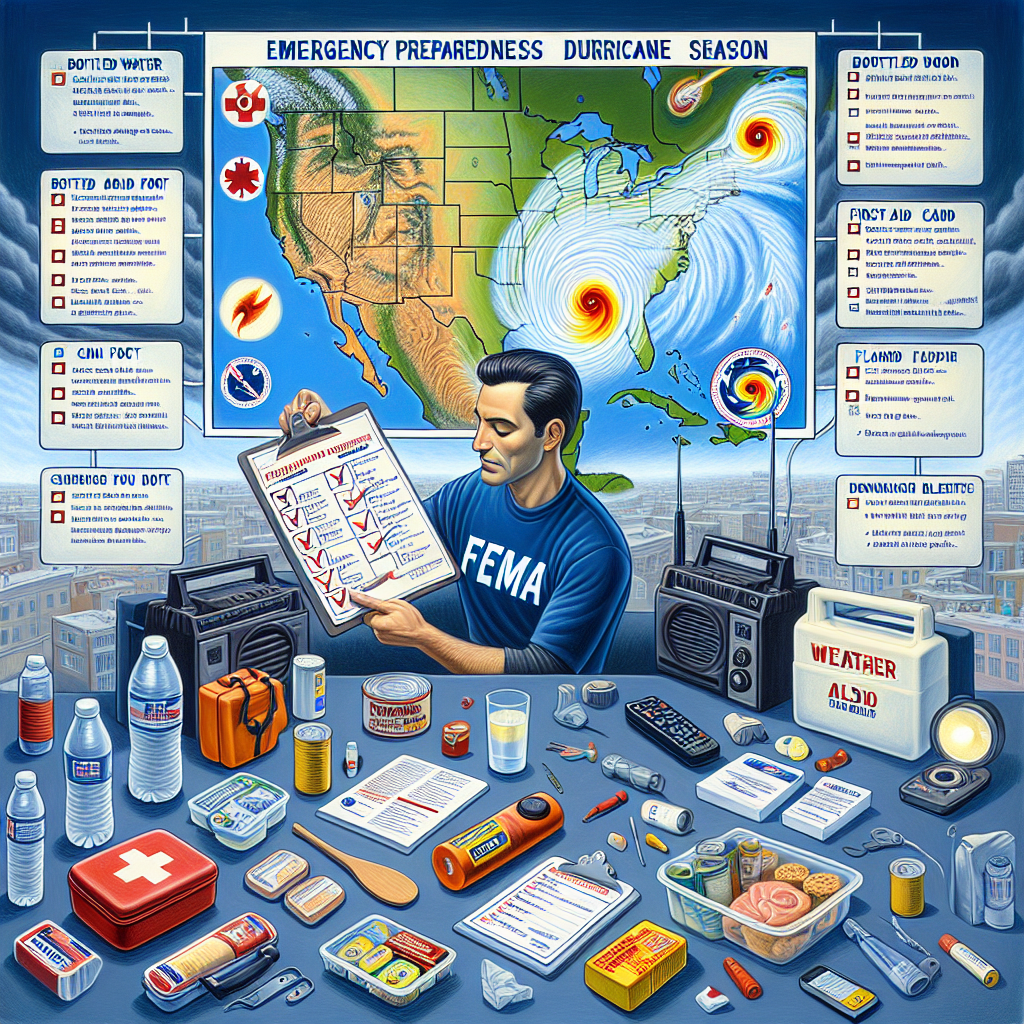 Imagine a thoroughly organized and detailed illustration, encapsulating the theme of FEMA's Emergency Preparedness during Hurricane Season. Central to the scene is a weather map showcasing approaching hurricanes. Adjacent to this, bring to life a checklist which includes essential survival items like bottled water, canned food, first aid kit, flashlight, and batteries. Don't forget to depict a weather radio broadcasting important alerts. To consolidate the idea, there could be a representational image of a generic male FEMA worker of Middle-Eastern descent, showing and explaining this checklist, radiating calmness and preparedness.