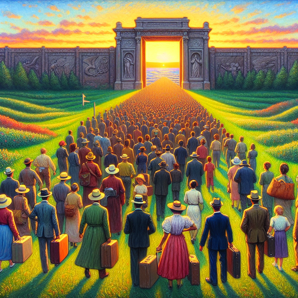 Create a vibrant image showcasing a symbolic scene depicting changes in immigration policy. Render a large gate opening onto a lush green field representing positive reforms. Assortment of people of varied descents like Black, Caucasian, Hispanic, Middle-Eastern, South Asian standing in line with hopeful expressions. Each individual carries a suitcase and legal documents, symbolizing the immigration process. Include a sunrise in the background symbolizing a new dawn. Craft it in a 19th-century impressionistic style, making use of oil paints as the primary medium.