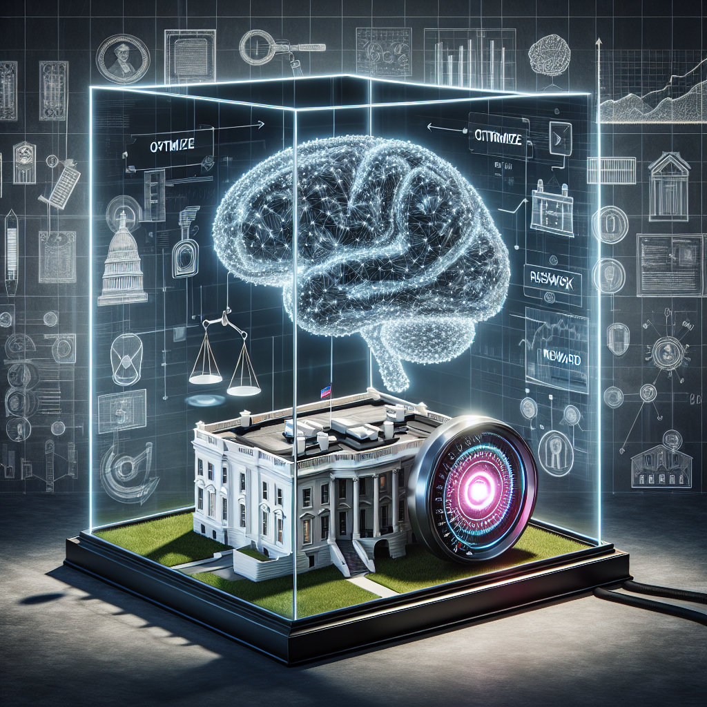 Visualize a concept of Artificial Intelligence regulation. Show a large, symbolic digital brain inside a protective glass case, to suggest the idea of controlling and optimizing AI. Around the case, arrange variety of tools like a power dial set to 'optimize', a pair of scales balancing 'Risk' and 'Reward', and blueprints depicting AI policy guidelines. Over the glass case, project a holographic display of the White House, to represent policy formation at the top level. This image should not include any particular person or public figure.