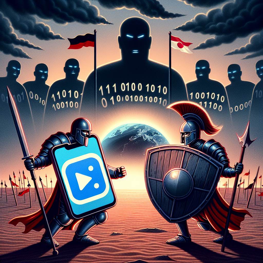 An impactful illustration bringing to life the debate around app bans amidst International tech tensions. Depict a symbolic battleground with two warriors. One warrior represents a tech-savvy population, holding a smartphone shaped like a shield, depicting the logo of a generic video-sharing app. The other warrior is a representation of powerful nation-states, donned in traditional armor, clutching a globe. In the background, display looming shadows of uncoded binary numbers, symbolizing the underlying technology driving these tensions. Set the scene under a stormy sky, capturing the gravity of this tech rivalry.