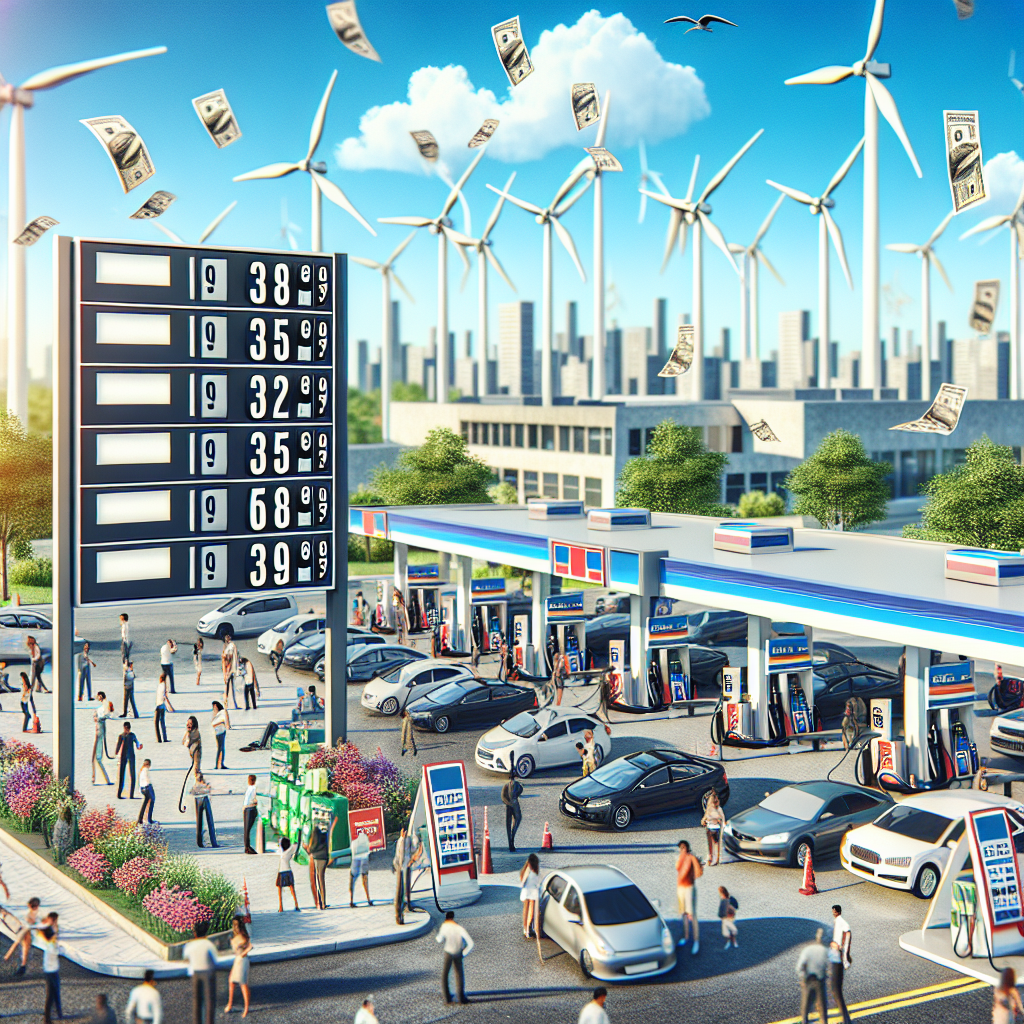 Visualize a cityscape with multiple gas stations on a sunny day. The price boards show significantly lower numbers than usual, indicating a drastic drop in gas prices. To symbolize the energy policy shift, include a distant image of wind turbines and solar panels on nearby buildings in the background. In the foreground, include a diverse crowd of people happily fueling their cars. Also, illustrate newspapers on nearby stands displaying headlines about this pivotal energy policy shift.