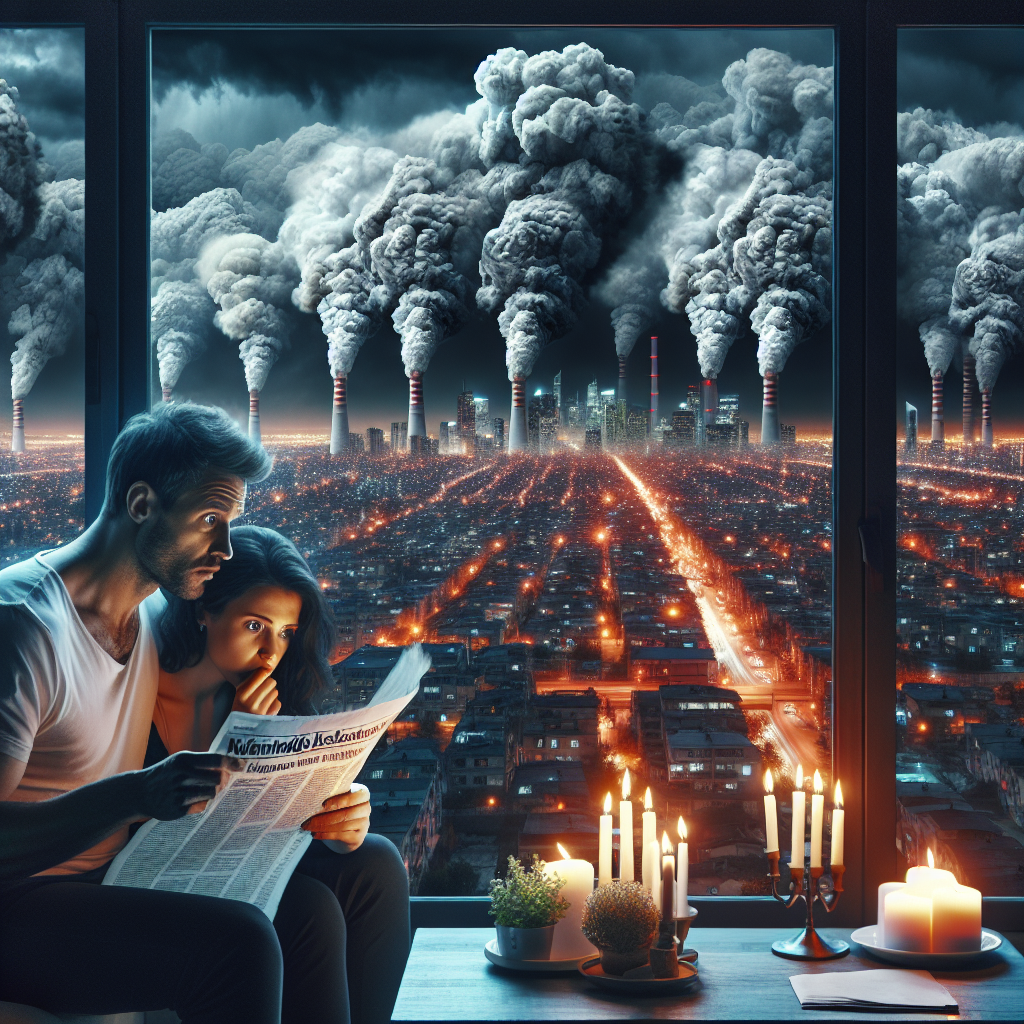 A panoramic cityscape during the night with disorganized flickering lights blazes across the horizon, an ominous thunderstorm approaches overlayed with dark, heavy clouds. Billowing smoke vents from various exhaust stacks in the city, signaling power plants working overtime. On the forefront, an anxious couple, a Caucasian man and Middle-Eastern woman seen through the window of their home, are looking at a lit, half extinguished candle on their coffee table. An open newspaper lays on their table, its headline reads 'Nationwide Blackout Warnings: Mitigate Power Grid Failure Risks!'