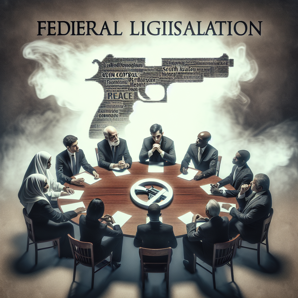 Produce a conceptually powerful image related to gun control legislation. Picture a diverse assembly of figures, symbolizing lawmakers, huddled around a large wooden table, engrossed in conversations. Middle-Eastern woman, Caucasian man, Black woman, Hispanic man, and South Asian man are among them. They each hold small stylized versions of various United States legal texts. In the center of the table, a symbolic graphic of a gun with a knot tied in its barrel, representing peace and gun control. Above them, faintly visible, the words 'Federal Legislation' hovering in a cloud of mist, denoting the urgency and importance of the subject.