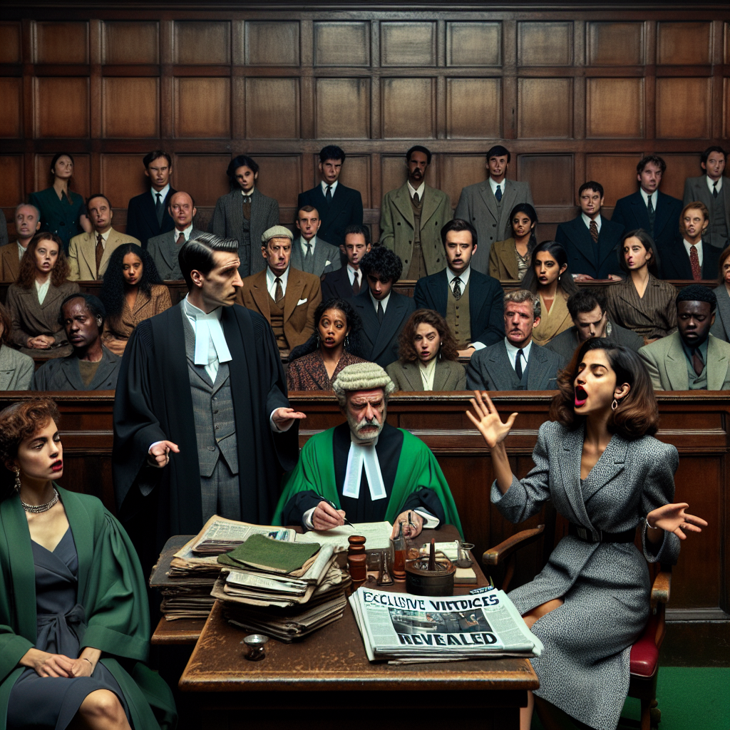 A noticeably tense courtroom setting with stained wooden details, well-worn green carpets, and drab grey walls. The focus is on a mixed group of individuals, specifically a Caucasian male judge in a traditional robe with a stern expression and a South Asian female lawyer in a professional suit passionately debating a point. Nearby, a jury box housing an eclectic mix of Middle Eastern, Black, and Hispanic men and women dressed in everyday attire reflects a broad range of emotions and opinions. A newspaper with the headline 'Exclusive Verdicts Revealed' lies prominently on the court stand.