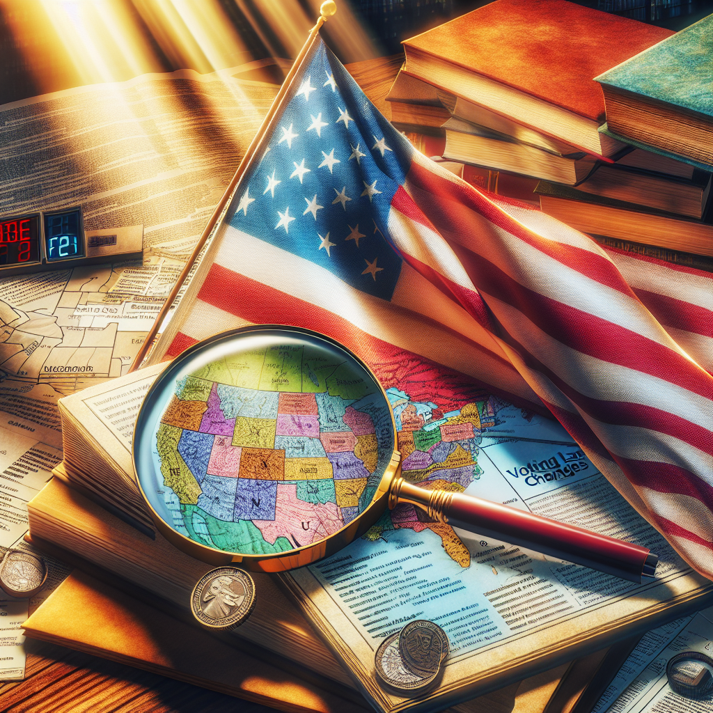 An intricate depiction of a pile of books and legislative documents on a wooden desk. In front, the American flag waving gently. The desk is covered with a map of the United States, highlighted in various colors indicating different states. A magnifying glass rests on the map, zooming in on a document titled 'Voting Law Changes'. A digital clock in the background shows a time moving forward, indicating progression. Sunlight slants across the image, casting a golden hue, symbolizing hope and new beginnings.