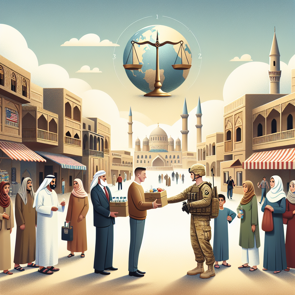 An informative image showcasing a peaceful scene in a middle-eastern town. There are people of diverse descents, including White, Asian, and Middle-Eastern, both men and women, positively interacting with a US military personnel handing them supplies. The town is traditionally architected with low-rise buildings and a market in the background. Also, include a scale of balance in the sky, symbolizing the stability. A globe is subtly superimposed over the scene, indicating global security. All under a bright, hopeful sky.