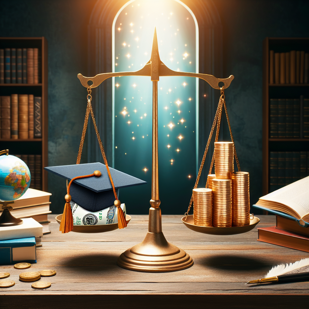 A symbolic representation of student loan repayment featuring a balance scale. On one side of the scale, neatly stacked gold coins represent loan repayment, while a graduation cap rests on the other side, symbolizing educational investment. In the background, shimmering light filters through an opened door, representing new opportunities and symbolically indicating 'forgiveness programs'. A handbook titled 'Best Forgiveness Programs' lies open on a wooden table nearby, showcasing various options. The surroundings resemble a well-lit study room with books, a globe, and a classic feather quill.