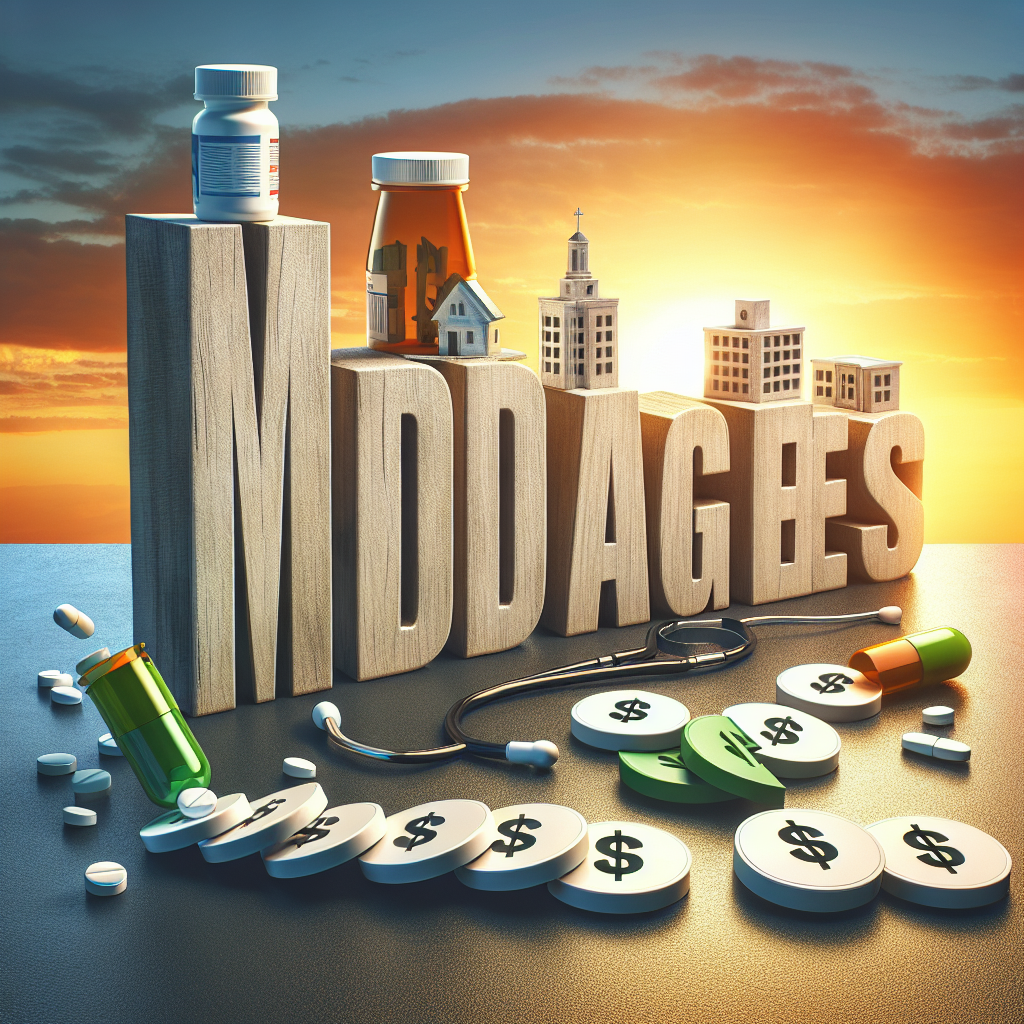 Create an image that encapsulates the idea of Medicare changes bringing about affordable insurance reforms for lower healthcare costs. The image should consist of a large sign, possibly made of wood, with the words 'Medicare Changes' written in clear block letters. Behind the sign should be a visual representation of different elements of the healthcare system creating a positive domino effect – a stethoscope, a hospital building, a pill bottle, and a dollar sign symbol that is much smaller than the rest. The dominoes falling should indicate a way towards affordability. The scene should be on a sunrise backdrop, illustrating a new day or era.