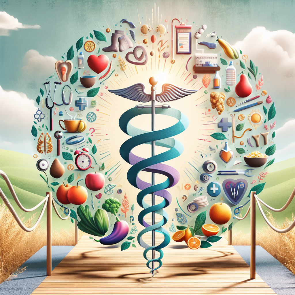 Imagine an article header designed to capture the essence of personal growth and well-being. It displays symbols associated with healthy lifestyles such as exercise equipment, a balanced diet represented by a variety of fruits and vegetables, wellness symbols like the caduceus staff, all intertwined with life milestones represented by a life path with various stages ranging from childhood to old age, decorated with banners indicating pivotal moments. All elements are set against a serene natural background hinting at peace and personal tranquility.