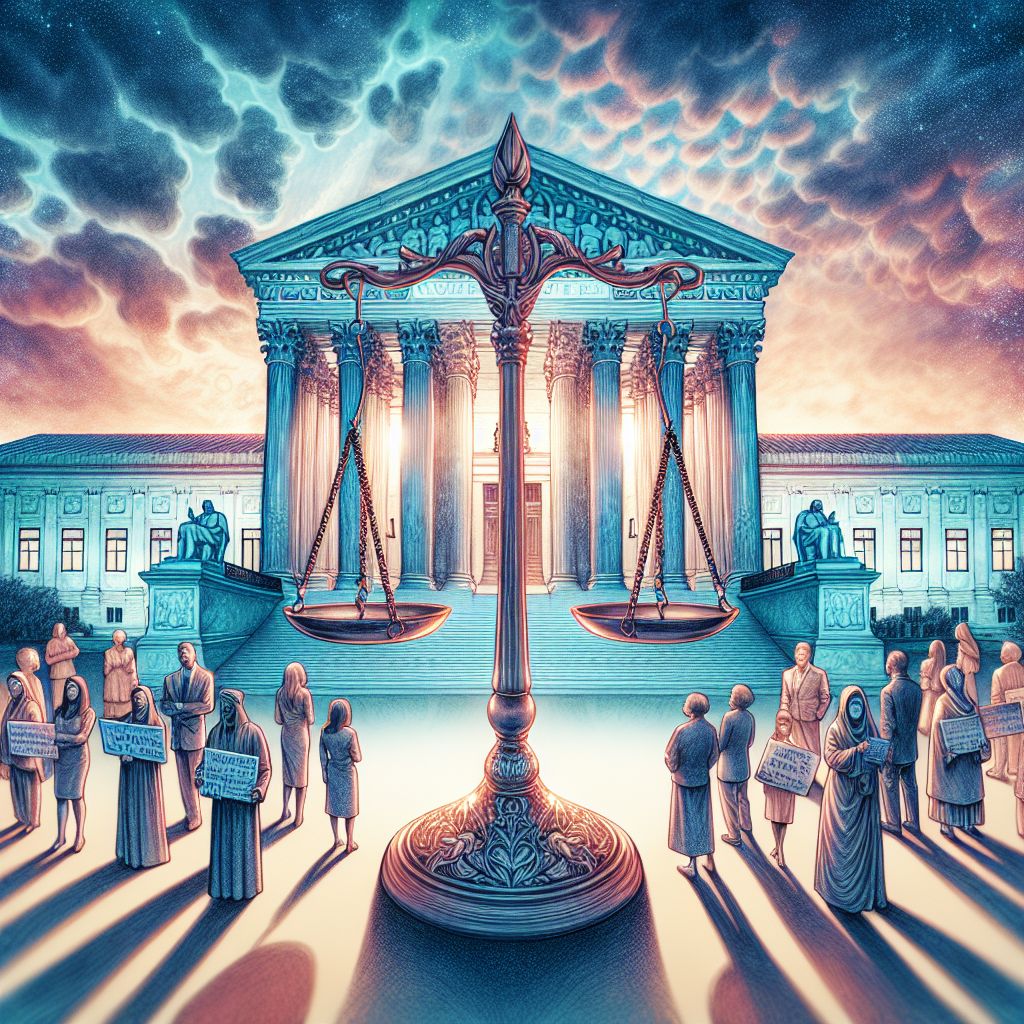 An intricate and detailed image of the US Supreme Court building at dawn, with a balance scale symbolizing justice prominently displayed in the foreground. The scale is perfectly balanced, signifying the equilibrium of justice. The sky above the building is a mix of hues, echoing the complexities and diversity of opinions on the topic of abortion rights. In the background, lit by the first rays of the morning sun, are a diverse group of people standing - a Middle-Eastern woman, a Caucasian man, a Hispanic man, a South Asian woman, and a Black woman. They all carry signs that tastefully represent both pro-choice and pro-life perspectives.
