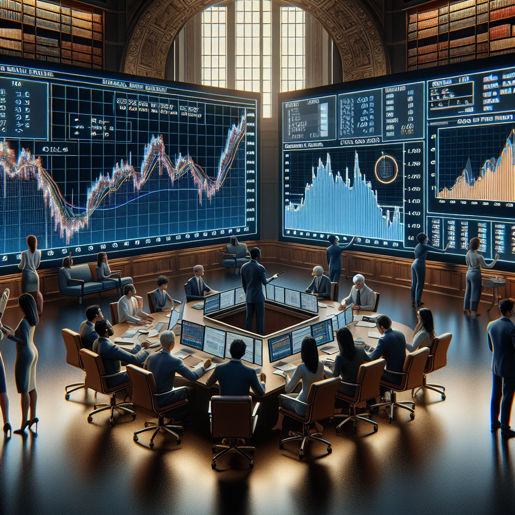 Visualize a grand room with large screens displaying various charts and numbers. The central focus is on two screens: one showcasing a graph of Federal Reserve interest rates over time, and the other displaying information about inflation. In the room, a diverse group of economists are carefully analyzing the data: A Caucasian female economist meticulously studying the charts, a Black male economist discussing key points with a Middle-Eastern female colleague, and a Hispanic male economist writing on a chock board. They symbolize a multi-ethnic, gender-balanced representation of experts in the field of economics. Note: please avoid portrayal of real person or public figure.