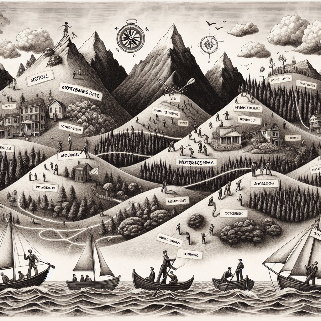 Imagine a vintage-style, hand-drawn illustration mapping out complex terrains. Each terrain, dramatically varying in landscape like soothing forests, towering mountains and vast oceans, represents a different segment of the US housing market. On these terrains, place people of diverse descents and genders tirelessly navigating the challenges. Some are climbing up mortgage-rate mountains, some rowing boats in the sea of rising property prices, and some cutting through the dense forest of paperwork. In the sky above, there are storm clouds, symbolizing the crisis, and a compass to signify the navigation strategies. The medium should be akin to vintage ink and wash sketches from the 1800s.