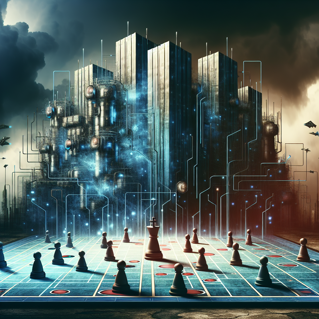 An abstract depiction of large technological structures towering over a board game featuring various pieces symbolizing corporate employees. They're placed strategically around the game, avoiding pits and dangers on the field. The tech edifices are bristling with energy, indicating resilience in challenging times. In the background, a storm is gathering, clutching the scene in its ominous shadows. The overall appearance suggests tension, strategic planning, and the fight for sustainability in the corporate world.