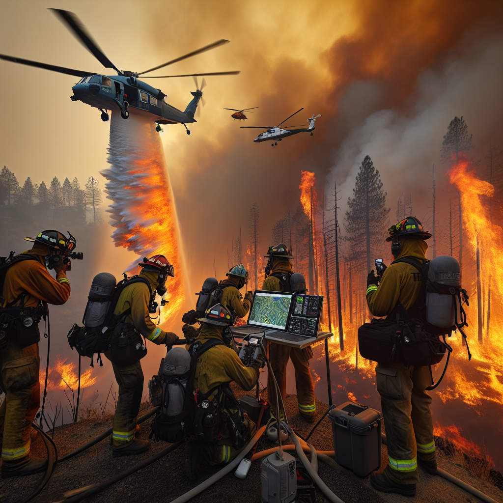 Visualize the scenario of a crisis setting due to a wildfire, where teams of professional firefighters are employing strategies to combat the raging inferno. Capture the fierce amber flames against a smoky grey backdrop. Depict Caucasian and South Asian firefighters demonstrating teamwork by maneuvering the powerful water hoses and helicopters dropping vast amounts of water from above on the forest blaze. They are wearing heat-resistant suits and helmets. Simultaneously, illustrate a community observation post where people, a caucasian woman and a black man, monitor the situation, using high-tech equipment like thermal imager and radios for communication.