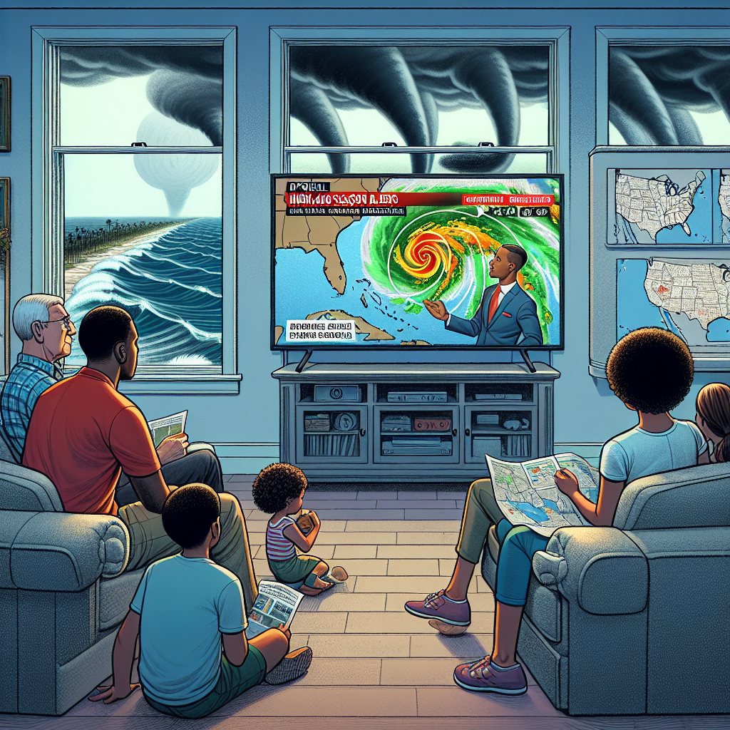 Illustrate a high-stakes scenario of how optimal hurricane season alerts from an emergency preparedness authority like FEMA could be life-saving. Picture a scenario where a diverse family of five, consisting of two African American adults, one Caucasian adult, a Hispanic teenager, and an Asian child are sitting in their living room. They're attentively watching a weather update on their flat-screen television, coming from an experienced meteorologist. The walls of the room are adorned with maps of potential evacuation routes. Visible through the window is a grey, stormy sky, setting a somber mood. Swiftly gathering clouds hint at the approaching hurricane's force.