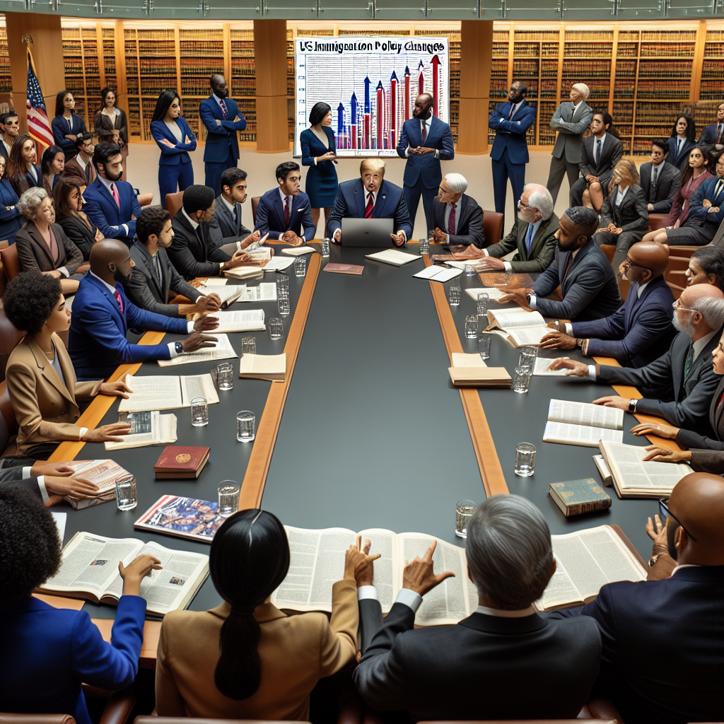 An image of a large room in an academic setting, possibly a library or a study room with large glass windows, where a diverse group of people are gathered around a table. On the table, spread out, are newspapers, law books, and a laptop that displays a chart labeled 'US Immigration Policy Changes.' There are people of various descents - such as Black, Hispanic, Caucasian, Middle-Eastern, South Asian; with a balanced representation of genders, all wearing professionally formal clothing and discussing intensively, pointing to parts of the chart and text. The expressions on their faces suggest an earnest discussion about securing a better future.