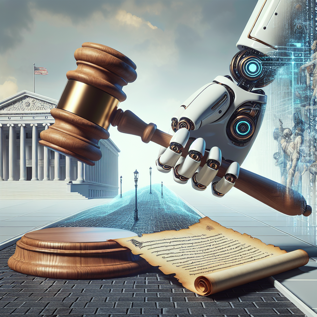 A symbolic representation of artificial intelligence regulation, featuring a large gavel held by an autonomous robotic hand, symbolizing law enforcement. In the background, a neoclassical building inspired by architectural design elements of the White House, is present as a representation of policy-making influence. The foreground features a path which transforms from a traditional cobbled street into a futuristic digital code pathway, depicting the progression of technology. An antique parchment lying on the side has inscriptions representing various policy points, but no specific texts or laws are visible to ensure anonymity and neutrality.