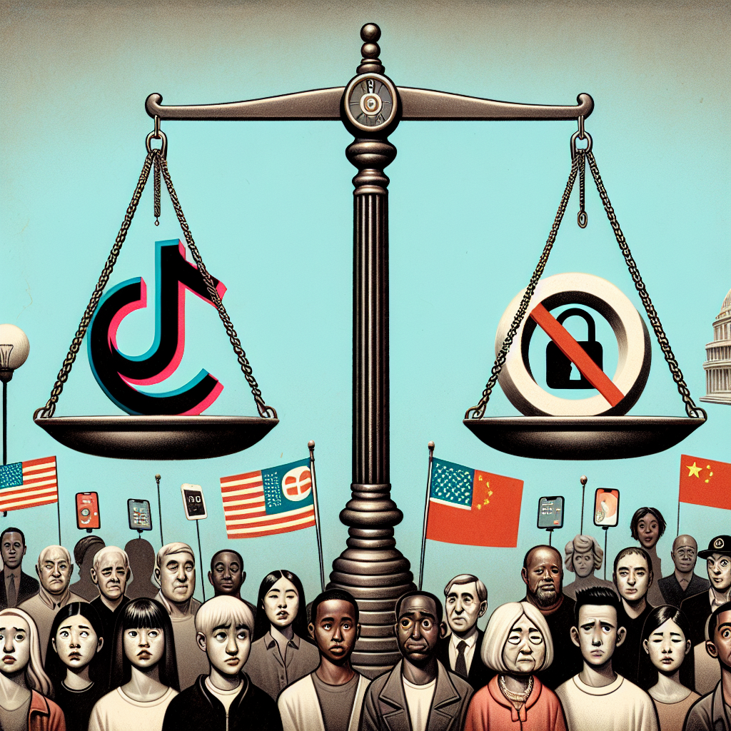 Illustration of a symbolic representation capturing the essence of the TikTok ban debate. Depict a large, traditional scale in the center, with one side bearing the symbol for TikTok and the other side carrying a symbol of a lock or 'prohibited' sign. On one side, showcase a group of diverse, everyday people, including an African-American teenage girl, White male in his 30s, and an elderly Asian woman, all looking disappointed or concerned. On the other side, show government figures, depicted as having neutral faces, representing related national bodies. In the background, include representation of US and China, like their flags, subtly hinting at tech tensions.