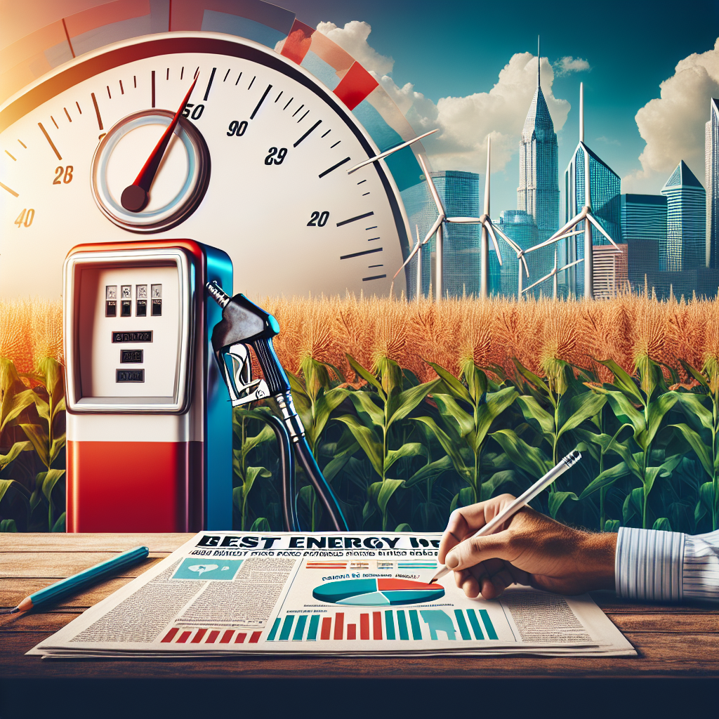 Create an image of a dramatically large gas pump gauge with falling numbers, placed against a backdrop that signifies American landscapes such as corn fields, skyscrapers or mountains. Next to the gauge, illustrate a paper with bold headlines 'Best Energy Policy Changes' resting on a table. Ignore designing any political figures or identifiable characters. Instead, place infographics portraying positive changes in policy like solar panels and wind turbines. Incorporate the feel of a newspaper report with primary colors being red, white, and blue.