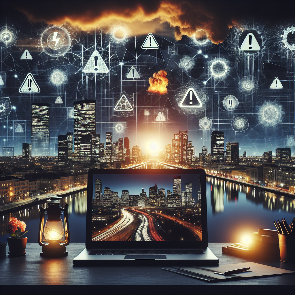 A visually striking yet informative image illustrating the concept of a national power grid failure. The scene should depict a city skyline during the evening, with all lights suddenly going out and plunging the city into darkness, symbolizing a power failure. There should also be conceptual elements incorporated, such as a hazard sign or a warning symbol to signify danger or risk. The image should evoke a sense of urgency and warning about the potential risks of a national blackout.