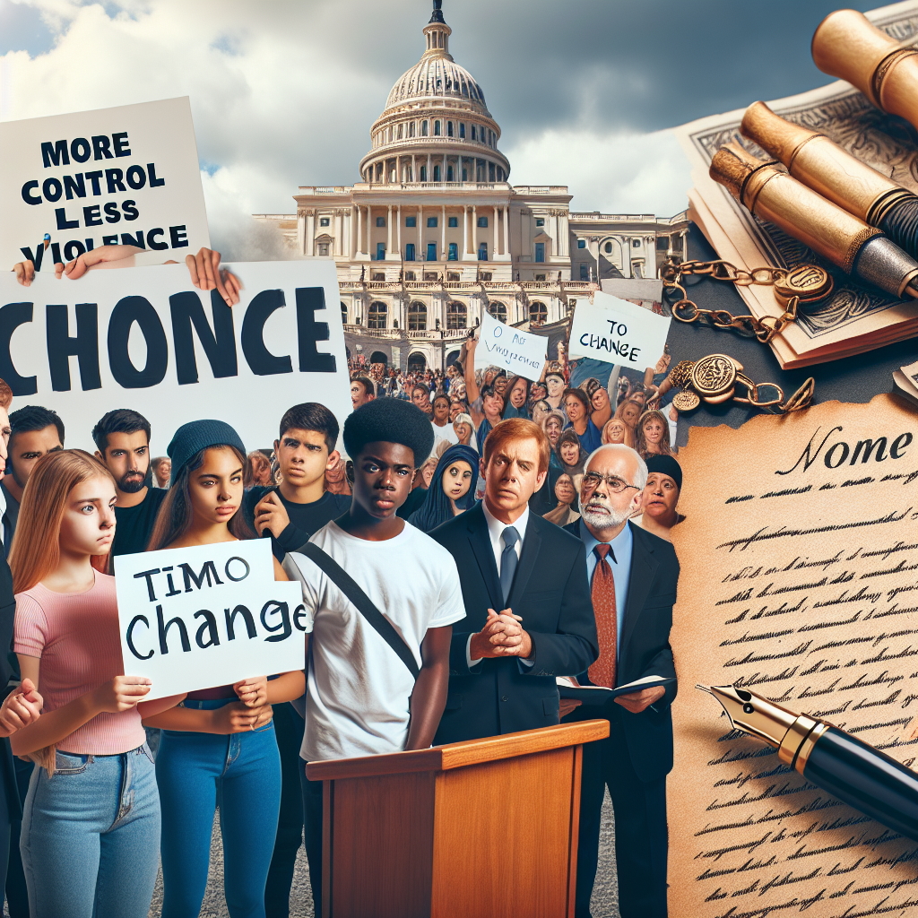 A scene displaying a diverse group of people participating in a peaceful demonstration advocating for stricter gun control legislation. This includes a Caucasian woman holding a sign saying 'More Control, Less Violence', a Black teenager holding a banner reading 'Time for Change', and a Middle-Eastern man delivering a passionate speech. Also, include imagery of documents representing bold new policies, an inked pen, implying new laws being enacted, all set against a backdrop of a governmental building symbolizing the seat of legislation.