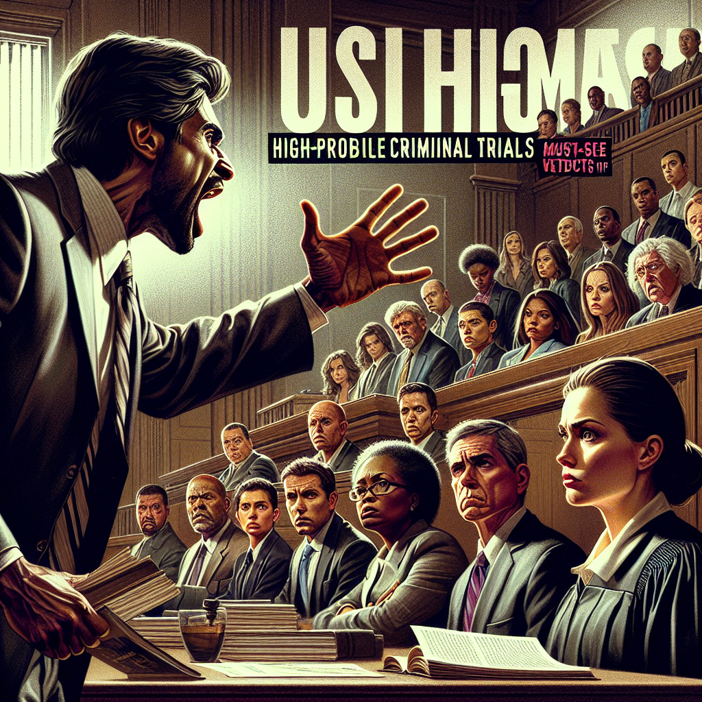 An image of a detailed courtroom scene epitomizing high-stakes trials in the United States. At the foreground, an intense, African American male lawyer passionately makes his plea, a copy of evident materials in hand. Facing him, a Caucasian female judge attentively listens, showing a stern, serious expression. Nearby, a riveted, varied jury featuring people of different descents such as Hispanic, Middle-Eastern, South Asian are intensely observing the scene. On the public gallery, an assortment of individuals with a variety of emotions is present, creating an aura of suspense. The title 'US High-Profile Criminal Trials: Must-See Verdicts' floats centrally in bold, dramatic font.