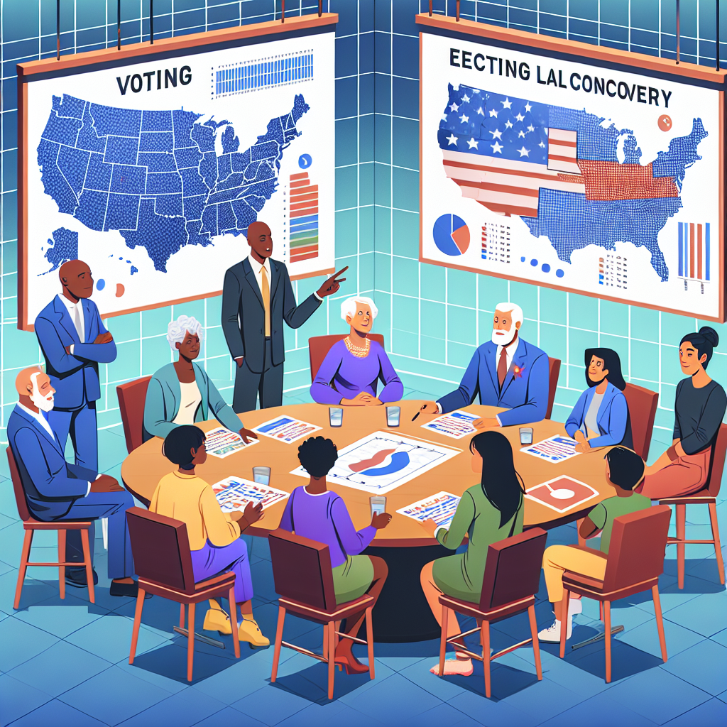 Illustrate a concept of voting law changes in the United States. Imagine a diverse group of citizens pooling ideas in-order to strategize election recovery. The group consists of an elderly Black woman, a young Hispanic man, a middle-aged Caucasian woman, and a South Asian teenager. They are seated around a large round table, in a meeting room with charts and graphs on voting patterns adorning the walls. A big map of the United States region-wise voting pattern is at the center of the table, with the citizens engaged in a friendly discussion.