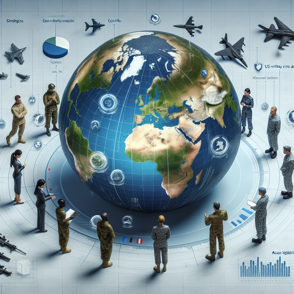 A visual depiction of a globe, highlighted areas indicating the countries receiving military aid, with diversified military personnel standing around it. The personnel include a Caucasian female military strategist, a Black male officer, an Asian file clerk, and a Hispanic logistician, all appearing engaged in a detailed discussion. Strategically placed symbols such as jets, tanks, and ships show the kind of aid being provided. Various bar graphs and pie charts on the side showing the distribution of aid. Keywords like 'Global Security', 'Strategies', and 'US Military Aid' hover over the scene.