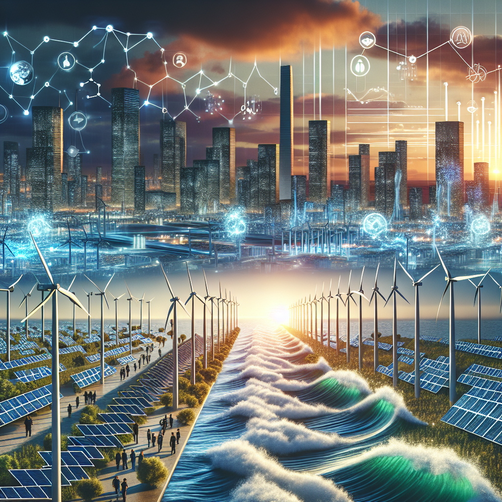A futuristic vista of a clean-energy city. Groups of solar panels align neatly next to foaming waves of an endless ocean. Wind turbines stand tall, nicking the sunset-imbued sky. Renewable energy sources from geothermal, tidal, and biomass are also illustrated. Distant silhouettes of an ethnically diverse group of people in business attire, both male and female, are seen examining blueprints and graphs representing new investments in this sustainable infrastructure. The city skyline is dotted with green roofs and buildings, emitting sparkling lights, signifying zero-emission. The blend of earth tones and technology emphasizes the balance achieved through clean energy investments.