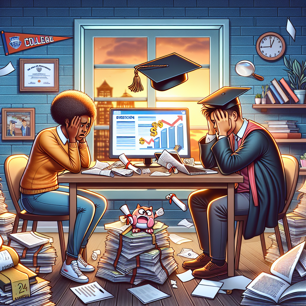 A detailed scene presenting a stressed young African American woman and a confused Asian man, both representing graduates, sitting at a table overloaded with a heap of papers symbolizing student loans. They are looking at a vibrant computer screen displaying a clear, easy-to-understand illustration of student loan forgiveness. The room around them is filled with elements suggestive of a college-student's room - scattered books, a college pennant on the wall, a diploma, and a graduation cap and gown. A peaceful glowing dawn can be seen from the window, symbolizing hope after stress.