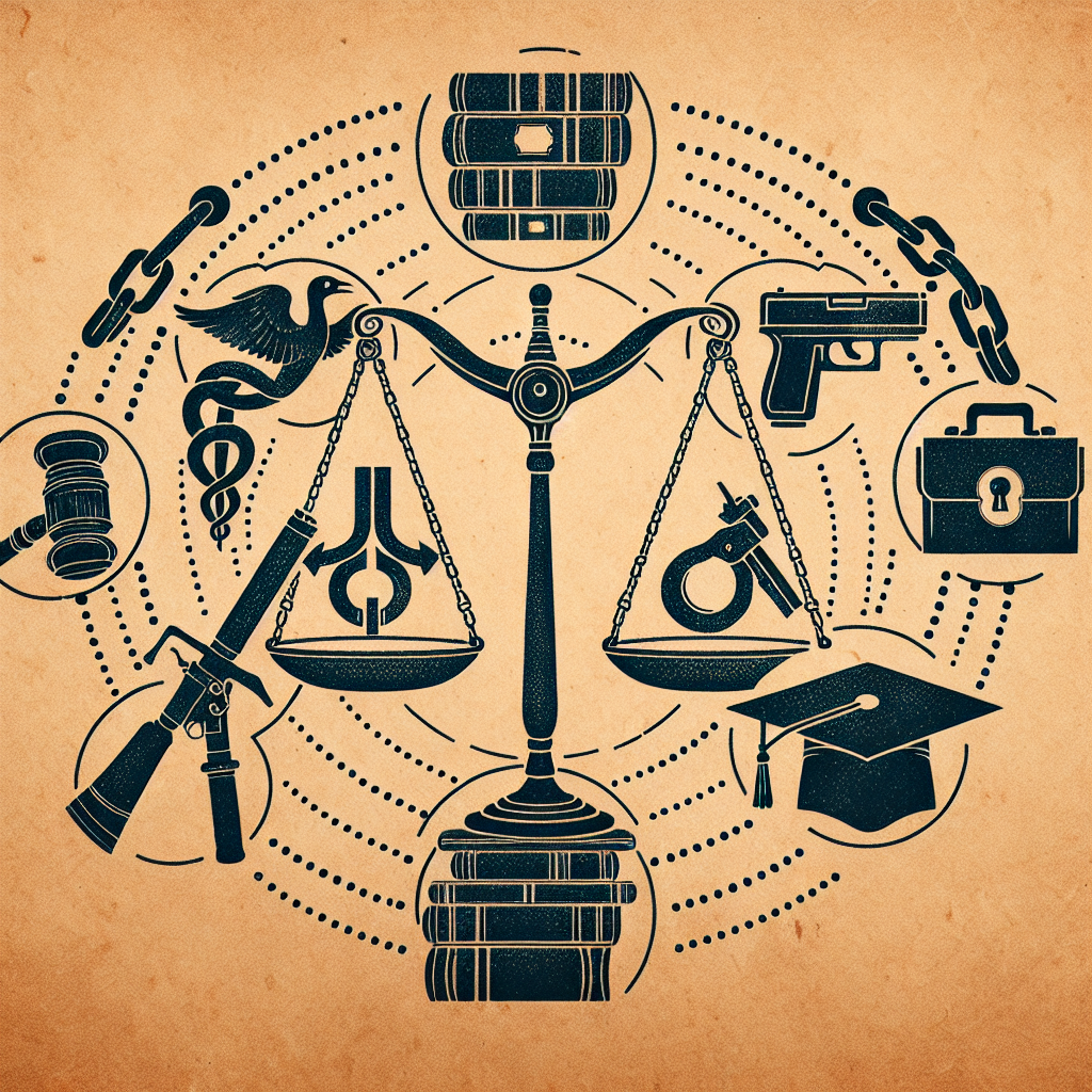 An image representing the symbolic icons of law: a gavel, a scale of justice and books, merged with symbolic elements of three important matters: a medical caduceus to symbolize abortion, a hand firearm to represent gun laws, and a graduation cap with a chained debt lock to symbolize student loans. Each connected to the law symbols with dotted lines forming an intricate diagram, all situated on a parchment-colored background.