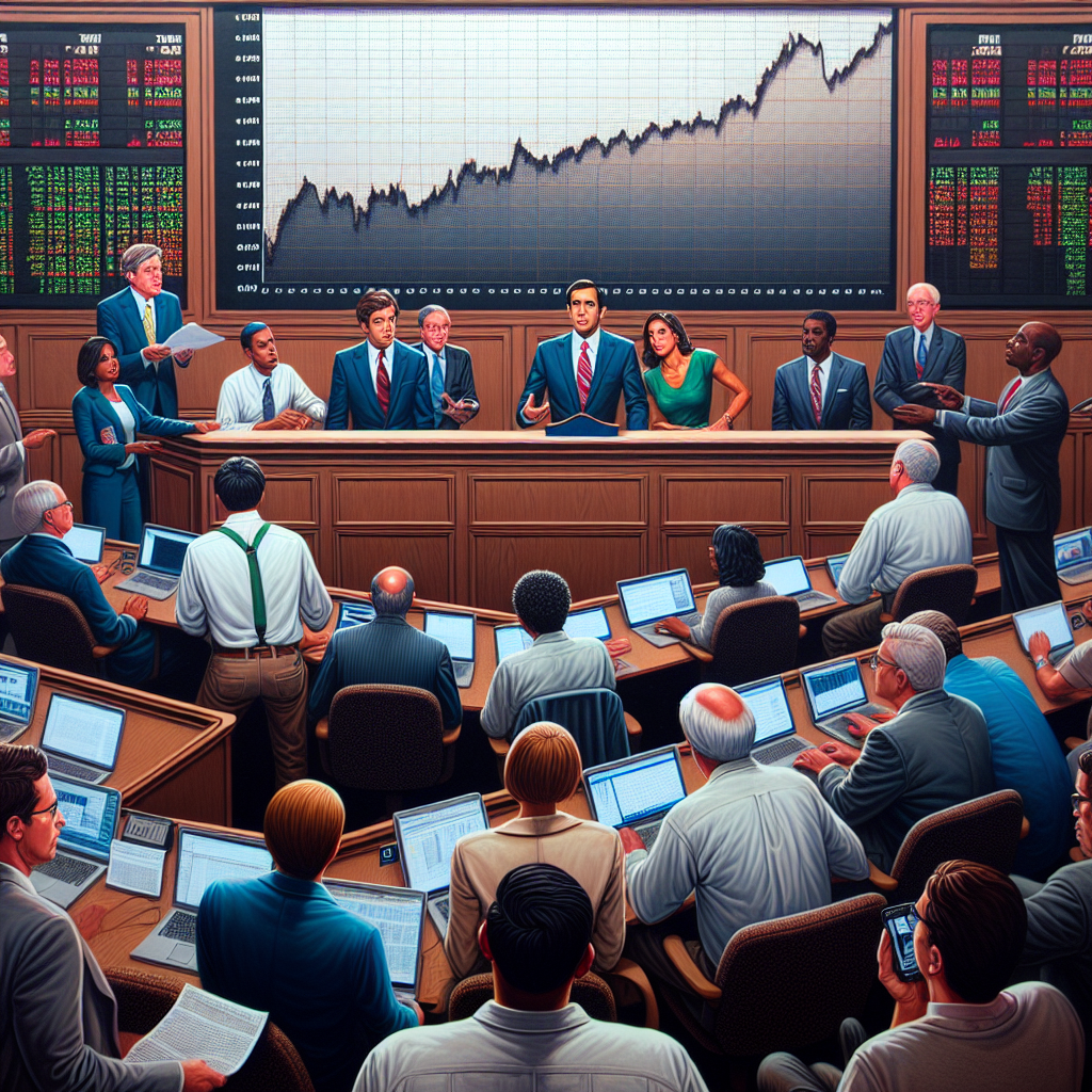 A depiction of a detailed scene set in a busy newsroom with journalists clustered around a large screen displaying a graph chart about the Federal Reserve interest rate. The chart fluctuates noticeably and the journalists, a mix of men and women from various descents including Caucasian, Hispanic, and Middle-Eastern, are deeply engaged in conversation, analyzing the trends. Nearby stands a panel of financial experts, a South Asian woman and a Black man, pointing at the screen and discussing implications on inflation. This scene encapsulates the anticipation and tension revolving around the Federal Reserve's decisions.