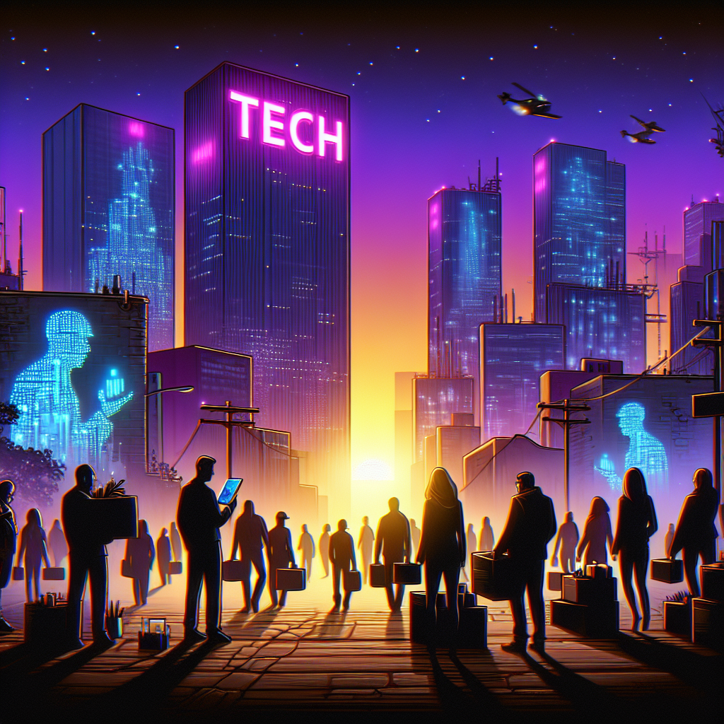 Paint an image visualizing the concept of tech industry layoffs. Picture a desolate cityscape featuring skyscrapers branding glowing neon tech company logos signaling their power. On the streets below, former employees of diverse descents and genders walk with boxes full of their belongings, symbols of termination. Some are huddled together, sharing tech tips for survival, represented through digital holograms floating from handheld devices. The sky is a dusky purple, indicating uncertainty and transition. Yet, the silhouette of a rising sun behind the buildings hints at a possible new beginning.