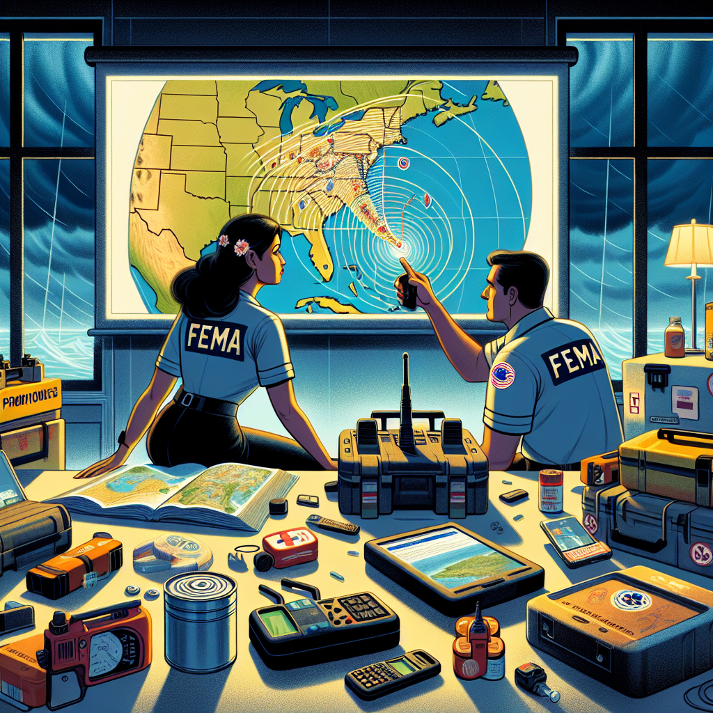An illustrative scene depicting a hurricane map on a large screen with projected paths of an upcoming storm. A South Asian woman in a FEMA uniform is carefully analyzing the map, with her hand pointing at the screen, while a Caucasian man, another FEMA representative, is holding a walkie-talkie and communicating vital information about the impending hurricane. In the background, scattered emergency preparedness equipments like flashlights, first aid kits, bottled water, canned food, batteries, and radio communication equipment are displayed, symbolizing the importance of preparedness during hurricane seasons.