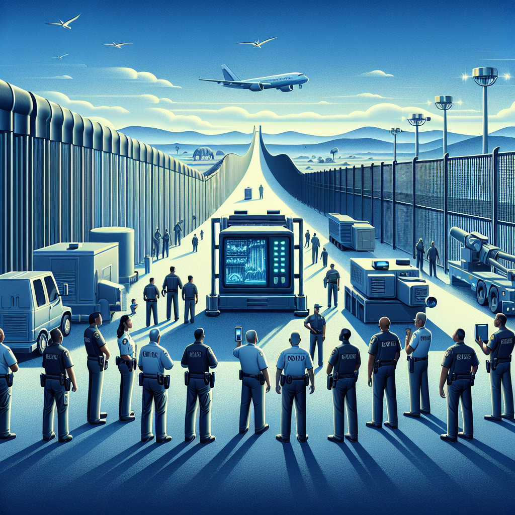 A symbolic representation of major strategies that can potentially improve border security. Show a large, detailed, and well-maintained wall stretching towards the horizon under a cloudless blue sky, symbolizing improved physical barriers. To its side, a modern scanning equipment showcasing advanced technology, implying technological enhancements. In the foreground, depict a diverse group of border security officers of varying genders and descents, such as Hispanic female and African American male, working in harmony, suggesting increased manpower and diversified workforce. Ensure no reference to any specific location or country.