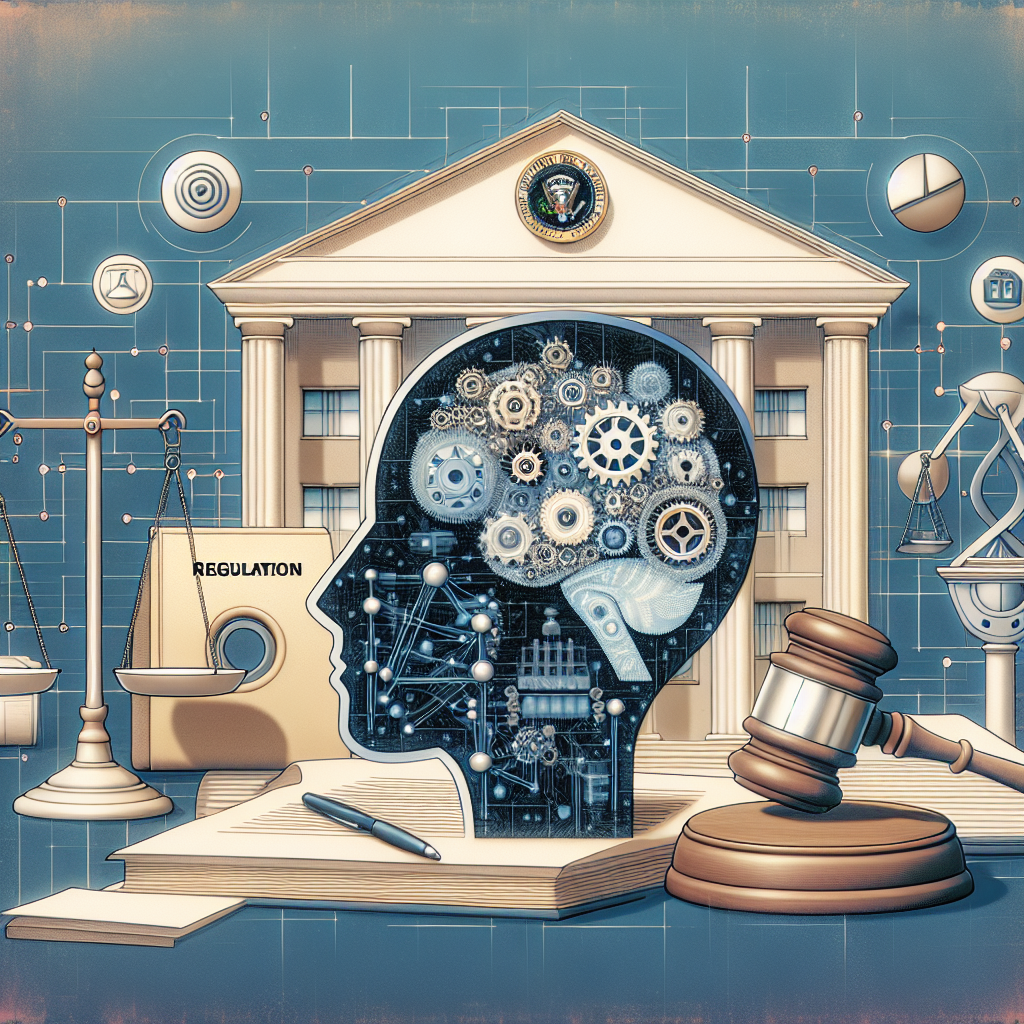 Visualize a concept of Artificial Intelligence a regulation in a metaphorical way. The main components could include a symbolic representation of artificial intelligence such as a robot or a brain made of gears. Next to it, show documents implying regulation, such as a legal lever arch file, a scale or a gavel. To represent the White House component, incorporate an emblem or a physical structure that is reminiscent of a government building or office but doesn't directly reference the White House. It can be in a futuristic style to reflect the cutting edge nature of AI.