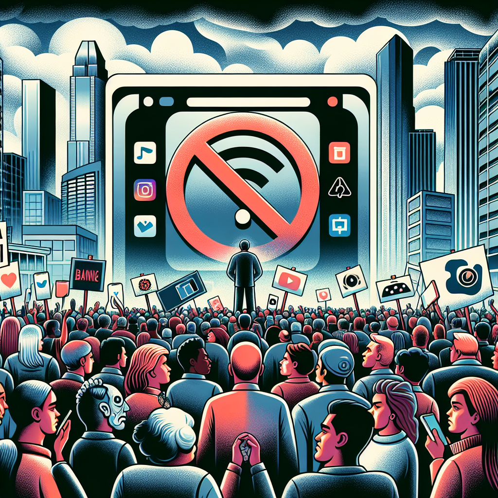 An illustration that delves into the topic of technology and its influences. A tense-looking crowd of diverse, age-varied people, holding signs with various tech symbols, representing various races including Caucasian, Black, Hispanic, Middle Eastern, and South Asian individuals. In the background, a large screen depicts an abstract concept of a banned app logo, with a red circle and a line across it. The surrounding environment is filled with tall buildings, symbolizing a modern city. The sky is cloudy, a metaphor for looming uncertainty.