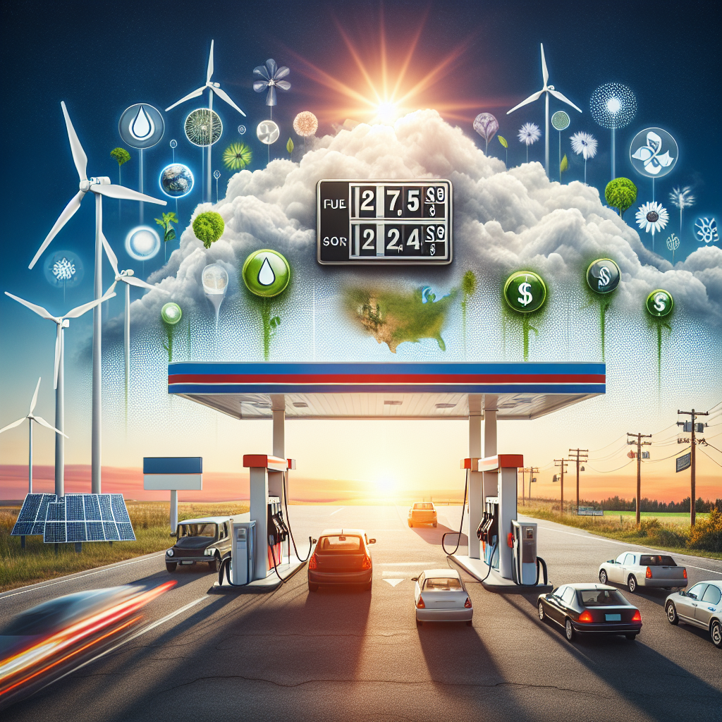 Create an image representing a decline in gas prices in the United States. Show a fuel pump gas station with the prices visibly lower on the sign. Spread across the sky, incorporate conceptual symbols for energy policy changes such as a wind turbine, solar panel, and a biofuel plant. For added visual effect, represent the transition in energy sources with a brightly rising sun in the background, symbolizing the advent of renewable energy. Ensure to capture the essence of the American landscape with a busy highway nearby, and some iconic American vehicles representing diverse commuters.