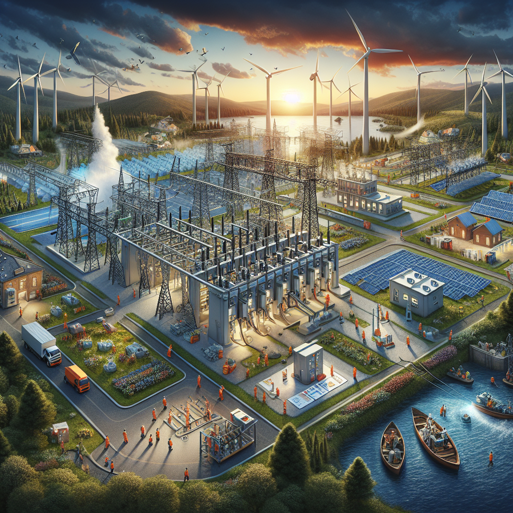 A detailed and picturesque depiction of a sprawling power grid, with a series of wind turbines, solar panels, and a hydroelectric dam providing clean and sustainable energy. Towards the center, one electrical substation is pictured falling into disrepair hinting at a potential power failure. Around the edges of the scene, there are numerous resources for preparedness: well-stocked emergency kits, comprehensive guidebooks, and a team of multi-ethnic male and female engineers working collaboratively on preventative maintenance tasks. The scene set at dusk with the setting sun reflecting off the power grid structures.