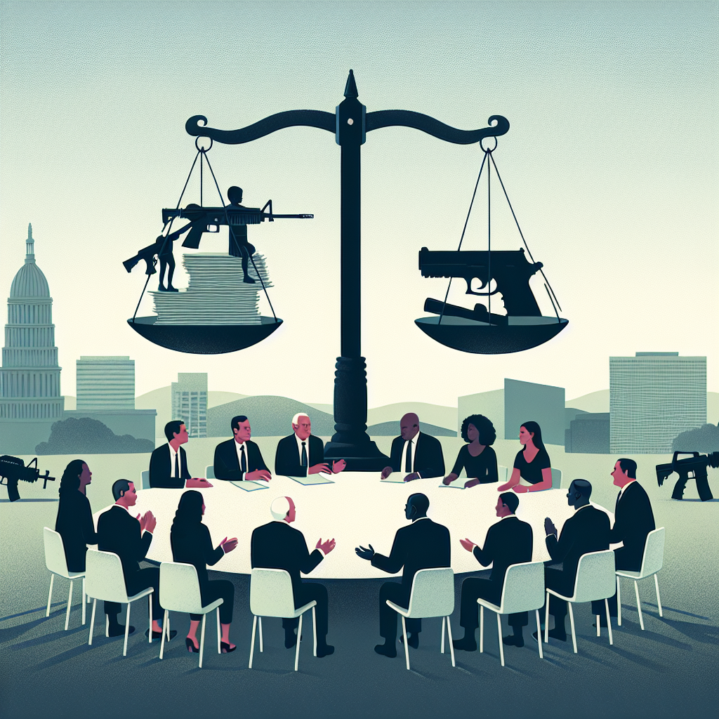 Visualize a conceptual scene representing gun control legislation. Picture a large round table with people sitting around it, engrossed in serious discussion. They are diverse in both gender and descent, including Hispanic and Middle-Eastern women, a Black man, and a Caucasian man. Looming above the table is a large balance scale; one side holds a stack of paper symbolizing legislation, while the other side holds a silhouette of a firearm. Also, in the background, there's a peaceful city landscape. The people represent lawmakers, while the scale represents the balance of regulation and firearm access.