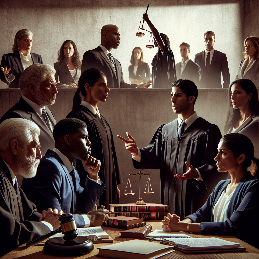 Create a profound image illustrating the scene of a US criminal trial. Show the tension in the courtroom, with a diverse group of individuals, including a Black female judge presiding over the verdict, a Hispanic male prosecutor delivering arguments passionately, a Caucasian female defense attorney having a crucial discussion with the South Asian male defendant. In the background, a Middle Eastern female and White male serve as court officers, ensuring order. Include imagery that showcases the high-stake atmosphere such as a gavel, the judge's bench, and legal documents. This scene should not only portray the trial's gravity but also its potential to generate groundbreaking verdicts and impact the society.