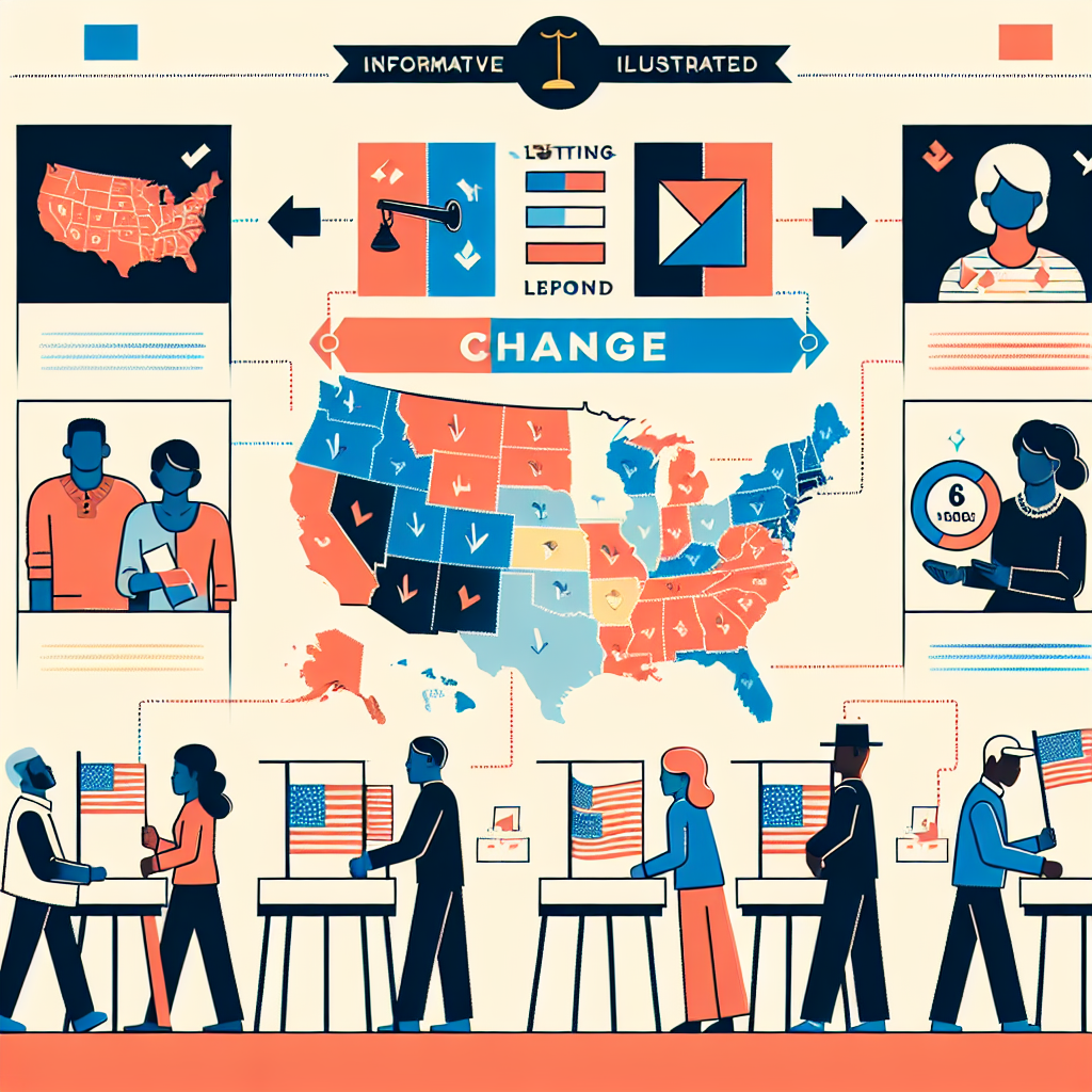 An informative, illustrated guide showing the changes in voting laws after a significant election in an unidentified democratic country. The guide features a map highlighting different regions with colors indicating changes, an illustration of a generic ballot box, and depictions of diverse citizens at voting booths partaking in the democratic process: a Caucasian female, a Hispanic male, a Black male, a Middle-Eastern female, a South Asian female, and a White male. Include some symbols or icons representing the law, like a gavel or a balance scale.