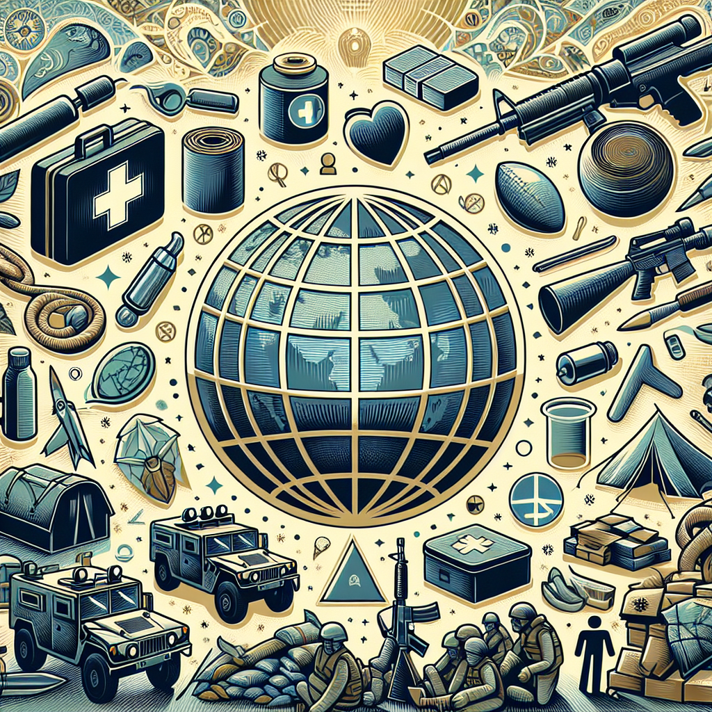 An illustration displaying an abstract representation of global security featuring various tools and symbols traditionally associated with military aid. The image should include supplies such as medical equipment, packed food, tents for refuge, as well as a globe highlighting interconnectedness, all set against a symbolic background of peace imagery. Avoid featuring actual military tools or weapons. The composition should embody the spirit of cooperation, supportive communication, and resilience. The tone should be one of hope and unity.