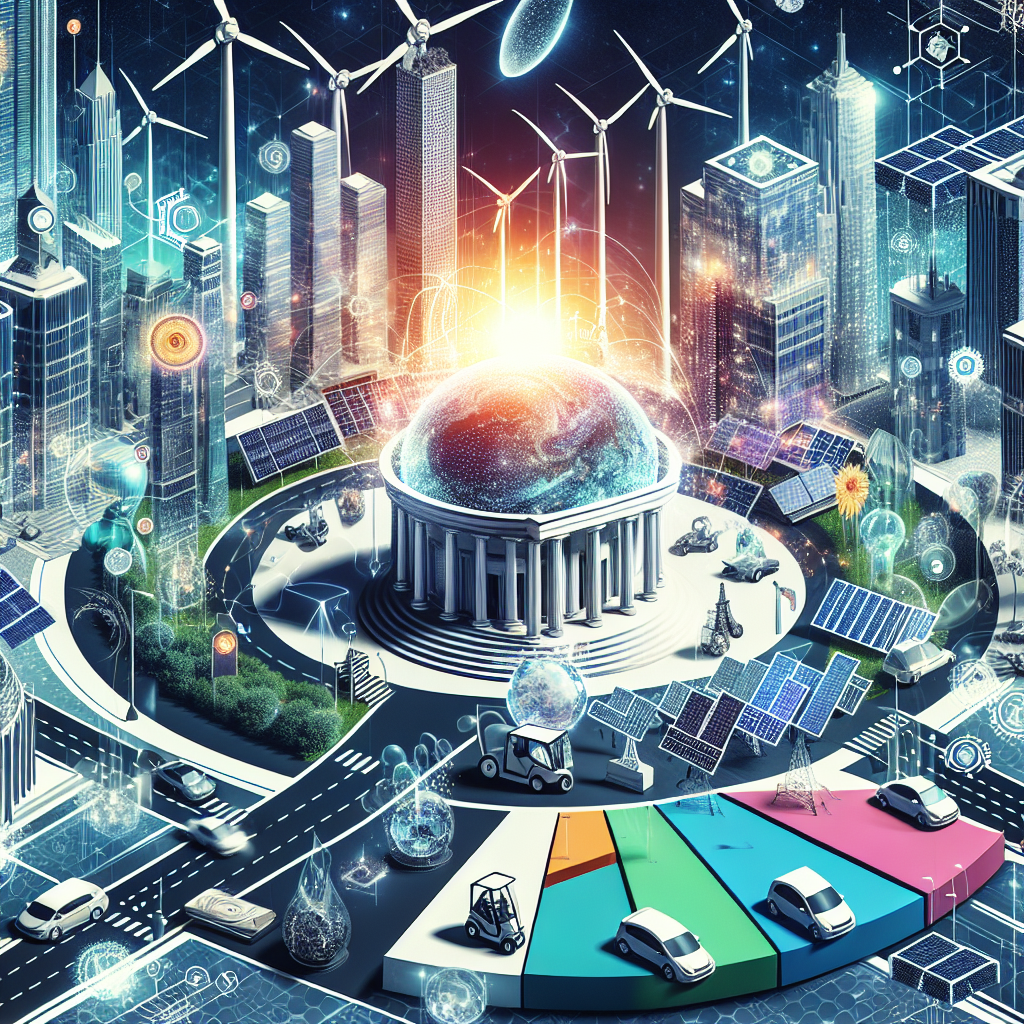 Visualize a bustling futuristic city powered by various forms of clean energy. There are solar panels gleaming on the rooftops, wind turbines spinning in the gleaming skyline, and electric cars buzzing down the streets. A visual element representing new climate change legislation - a pen signing a bill, or a hammer striking a gavel - appears prominently. A pie chart showing investments in different types of renewable energy sources lies in the foreground, with different sectors represented by unique colors and patterns.