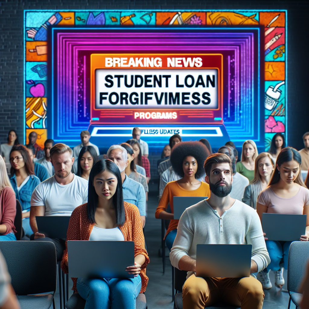 Picture a room full of diverse people, including a South-Asian man and a Hispanic woman, both in their mid-twenties, sitting in front of laptops. Behind them on a wall is a large, vividly colored presentation screen displaying the breaking news about 'Student Loan Forgiveness Programs'. On the screen are the words 'Effortless Updates'. Around the room, there is a mix of excitement and relief as people look expectantly at the screens, ready for the impending changes. The atmosphere is hopeful, signaling a potential relief from the burdens of student debt.