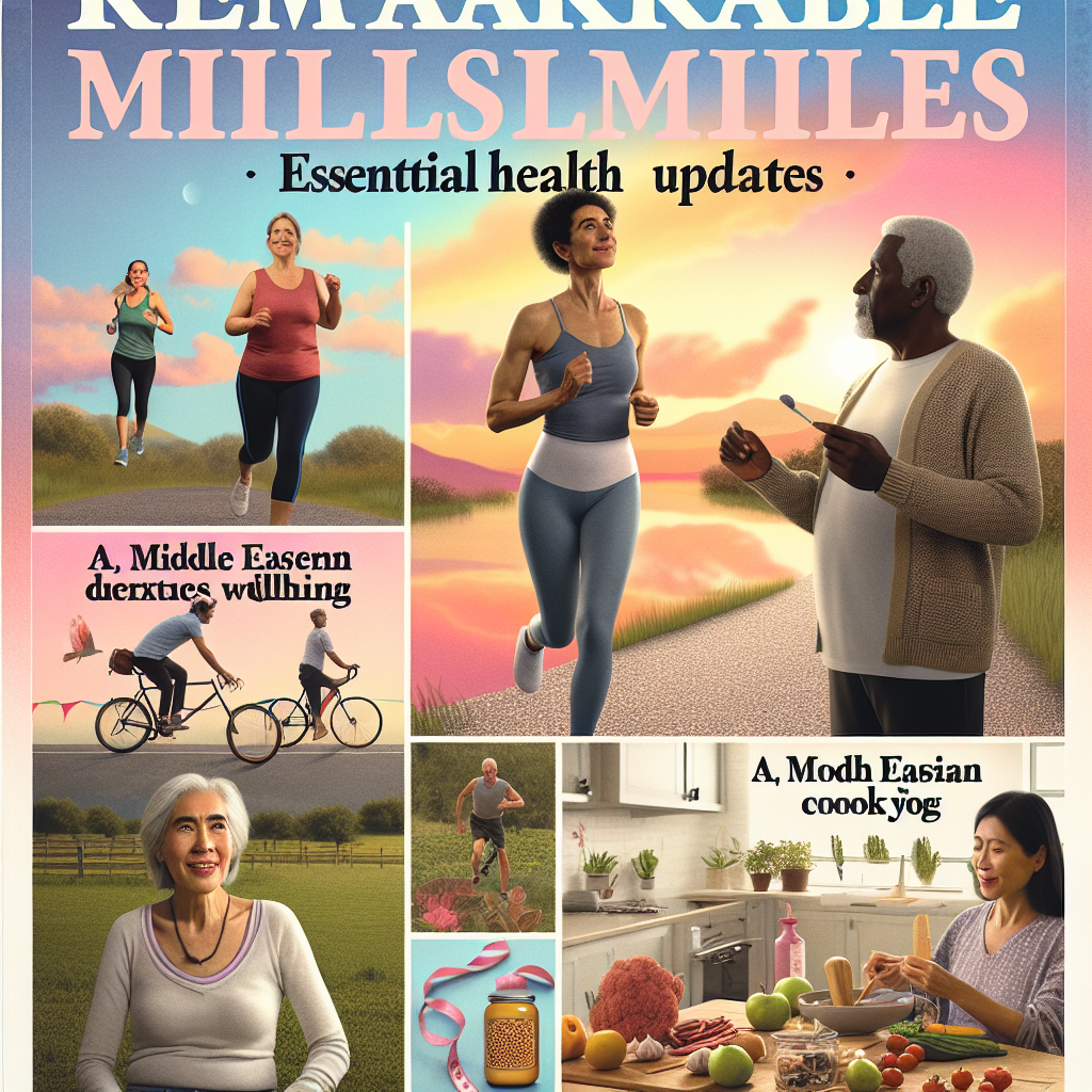 An image magazine cover about personal longevity and well-being updates. The cover reads 'Remarkable Milestones: Essential Health Updates' and features images of a generic, fit middle-aged man and woman doing various activities including a man of Hispanic descent running in a park, a Black woman practicing yoga, a Middle Eastern man cycling down a country road, and a South Asian woman cooking healthy food. The backdrop should be a serene sunset with pastel clouds, emphasizing the idea of healthy living and personal milestones.