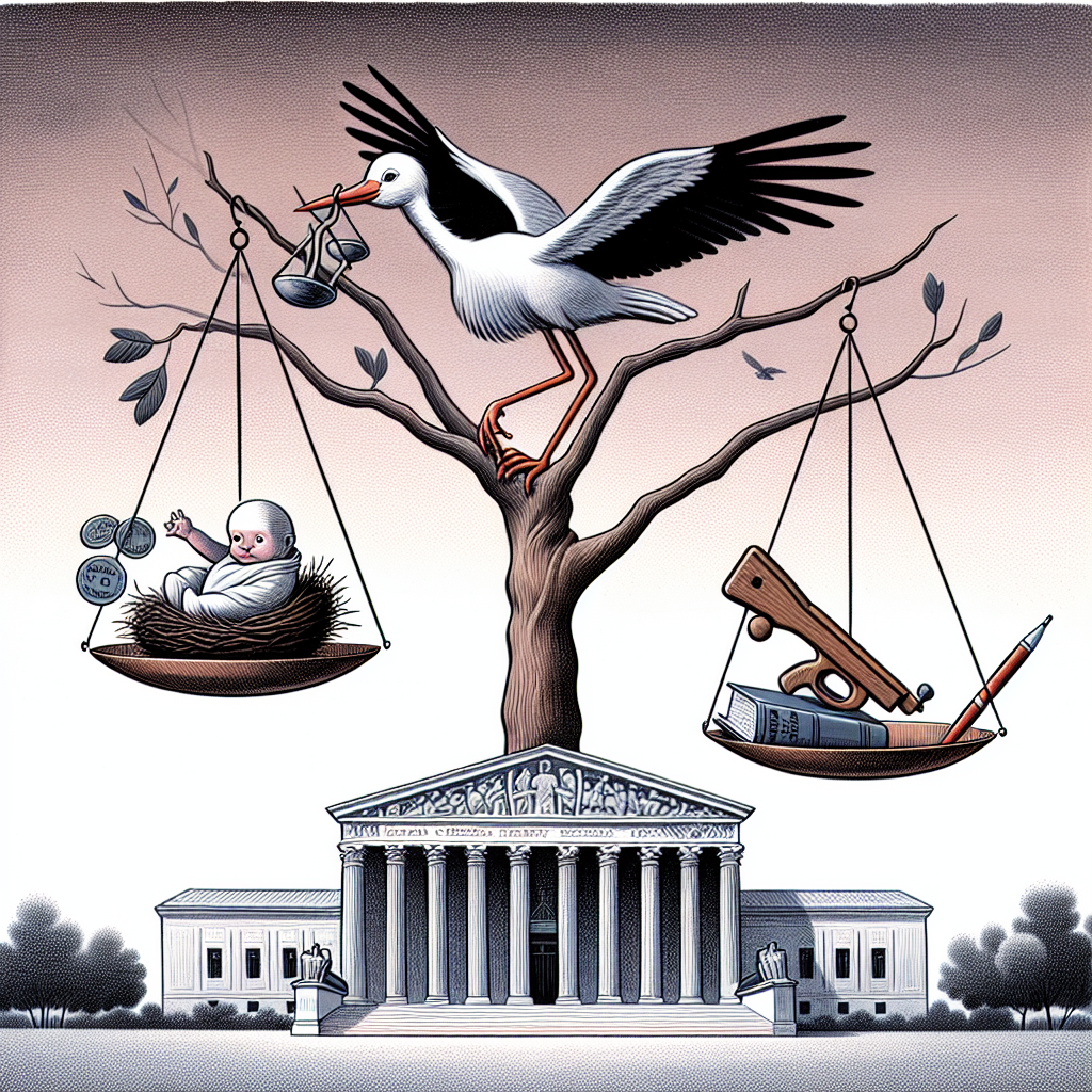 Illustrate a symbolic scene representing three separate branches of a tree, each depicting different themes. On one branch, portray a stork carrying a bundle that implies 'birth', representing abortion. On another branch, display a pair of scales balancing a book and a coin, symbolising the delicate equilibrium between education and financial burden, thereby indicating issues related to student loans. For the last theme, show a small, harmless-looking wooden toy gun resting on the branch, representing gun laws. In the background, suggest the silhouette of a large, imposing building, representing a powerful institution like the Supreme Court, but avoid direct references.