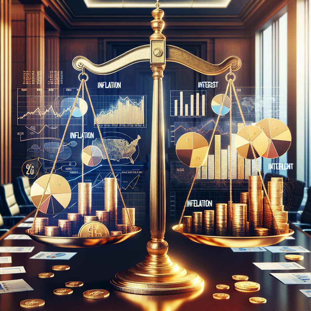 A detailed financial diagram showing the correlations between Federal Reserve interest rate decisions and inflation. Include numerous bar graphs and pie charts reflecting inflation trends, interest rate fluctuations, and their impacts on the economy. Also portray a scale balancing two golden coins symbolizing inflation and interest rates, all set against the backdrop of a well-illuminated boardroom with tall windows and a grand wooden conference table.