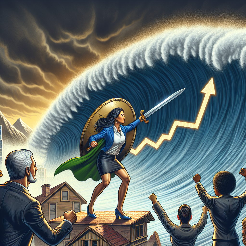 Imagine an illustrative picture for an article on the urgent strategies to tackle the rising mortgage rates crisis in the US housing market. Include a metaphorical representation embodying the concept of battling a giant wave representing rising mortgage rates. Show a Hispanic woman as a strategist, armed with a shield with a graph declining and a sword pointing towards the wave. Include a Caucasian man and a Black woman watching her bravely face the challenge, cheering her on. The image should be vivid and dramatic, emphasizing the urgency of the situation.
